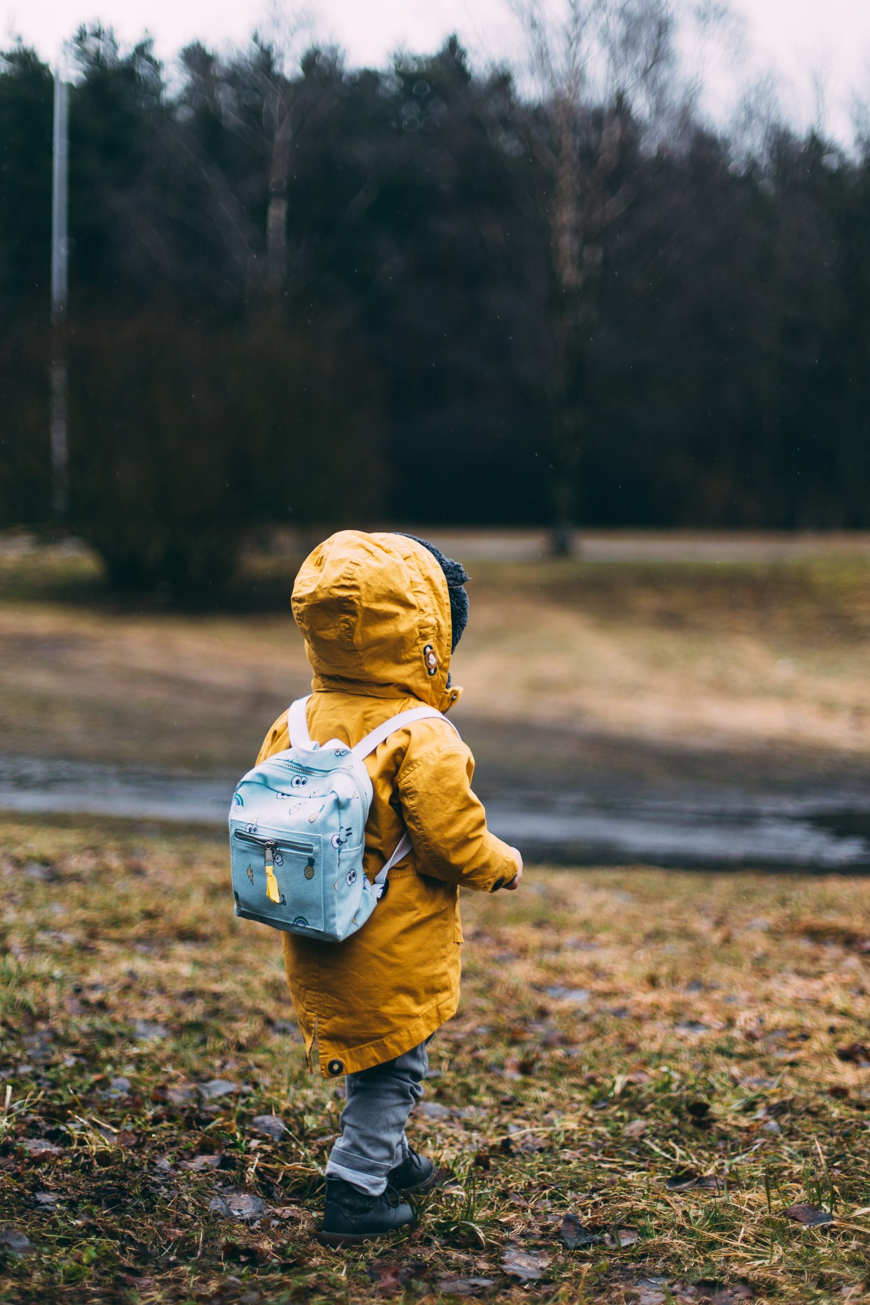 A young child walking away from the camera wearing an anorak and rucksack in the rain